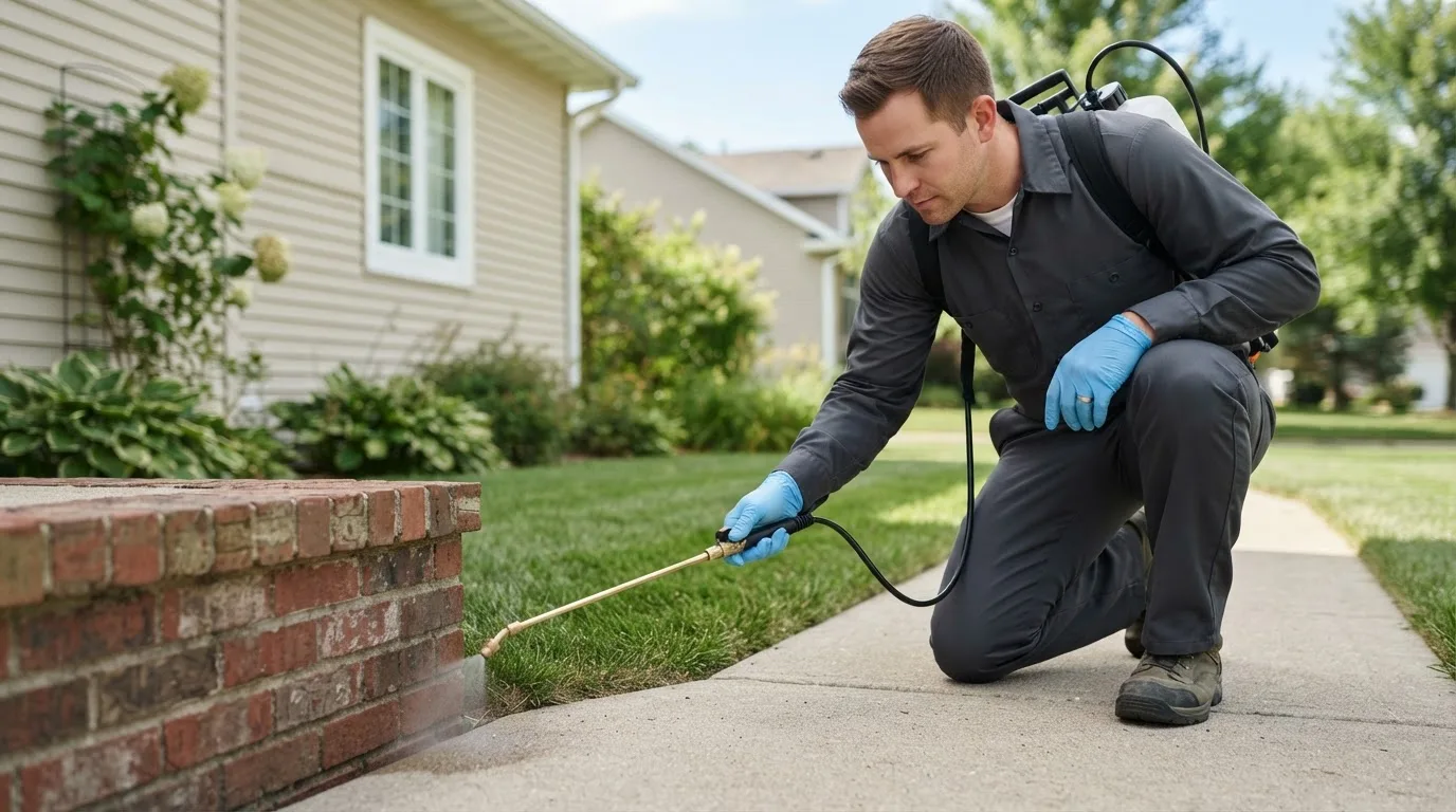 Pest control technician treating a home near Bergholz, OH