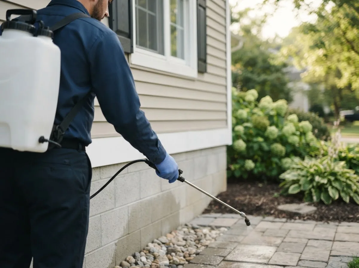 Pest control technician inspecting a home in Bergholz, OH